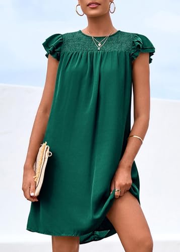 Image of KIRUNDO Wedding Guest Shift Dresses for Women Short Spring Summer Ruffle Cap Sleeve Chiffon Babydoll Flowy Mini Sundress(Dark Green, Small)