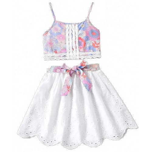 Image of PAMBERSTON Girls Dress Set, Floral Print Sleeveless Top with White Skirt and Bow Detail | Cute Casual Outfit for Girls | Perfect for Parties, Birthday, Wedding