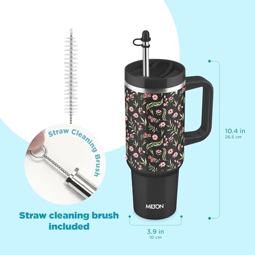 Image of MILTON Malmo 1200 Thermosteel Double Wall Vacuum Insulated Stainless Steel Tumbler with Handle 1100ml, Travel Mug with Straw,Silicon Cap,Cleaning Brush,Hot & Cold Beverage Flask,Floral Black