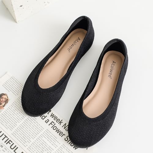 Ataiwee Women's Wide Width Flat Shoes, Casual Breathable Plus Size Round Toe Soft Sole Slip on Ballet Flats.(1910012-7,BK/02,6 Wide)4