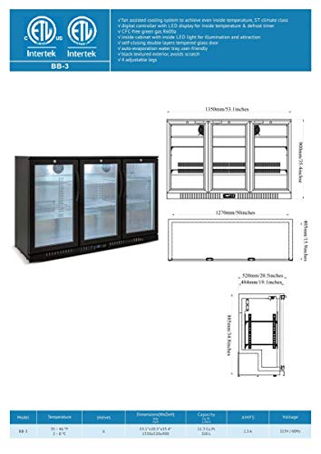 Beer Back Bar Cooler 3 Glass Door (Swing Door) 53" Width Beer Fridge Nsf Certified Beverage Refrigerator 11.8 Cu.ft Under Counter Height 35°-46°F Black Bb3Dup #TOP4