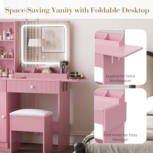 Fluted Makeup Vanity Desk with Mirror and LED Lights, Vanity Table with Storage Stool, Power Outlet, 2 Drawers, 3 Storage Shelves, Large Cabinet, Dressing Table and Chair for Bedroom Dressing Room