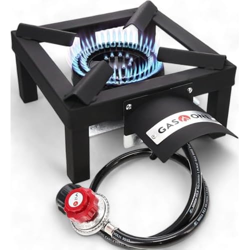 GasOne High Pressure Single Propane Burner – Outdoor Cooking with Heat Shield and Guard – Propane Burner Head for Camping, Tailgating, Seafood Boil, Home Brewing – Patent Pending