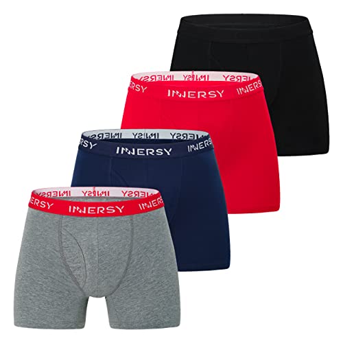 INNERSY Boxers for Men Underpants Cotton Trunks Underwear Sports Boxer Briefs Multipack 4 (S, Black/Navy Blue/Heather Grey/Red)