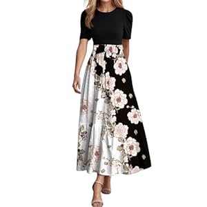 Damen Sommerkleid Elegant Kleider Kurzarm Rundhals Midikleid A-Linie Blumenkleid Casual Tunika Kleid Hohe Taille Strandkleid mit Taschen S-XXL