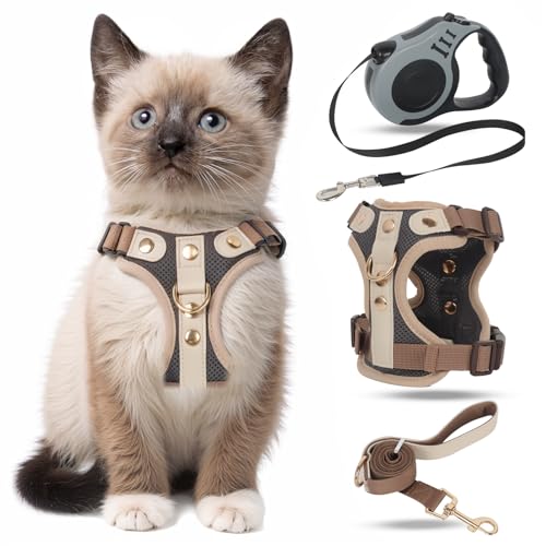 Katzengeschirr mit Leine Ausbruchsicher, Automatisch Einziehbare Katzenleine mit Geschirr Katze, Verstellbares Katzen Geschirr Set mit Katzen Leine...