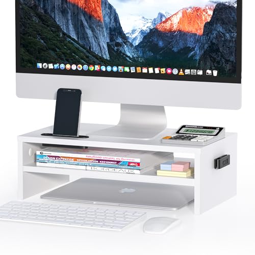 BONTEC モニタースタンド モニター台 PCスタンド 卓上 2段式 デスクスタンド パソコンスタンド 人間工学設計 キーボード収納 スマホ収納 耐荷重30kg デスク整理 オフィス用 (ホワイト, 420 x 235 x 142mm)の商品画像（Amazon）