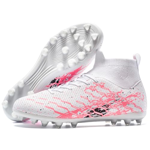 LSIDORYC Soccer Cleats Mens Womens Football Shoes Lightweight No-Tie Lacing Multi Surface Training Ankle Support for Beginners to Advanced Adult Unisex Pink Size 8 Men US