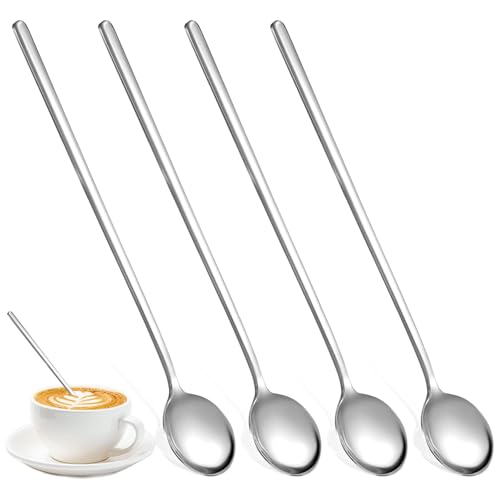Lot de 4 cuillères à café argentées de 17 cm pour thé, soupe chinoise, sel, demitasse, chocolat chaud, thé, latte, dessert, expresso, crème glacée, cappuccino