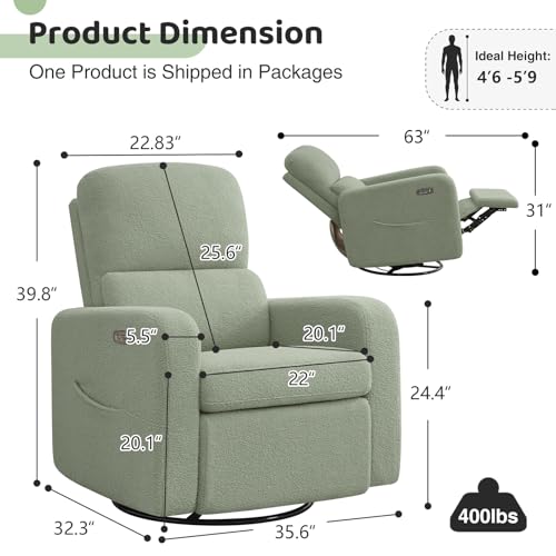 Image of Power Swivel Rocker Recliner, Oversized Electric Boucle Recliner Chair, Teddy Swivel Glider Nursery Reclienr with Removable Cushion, Upholstered Recling Chair for Living Room Bedroom, Green