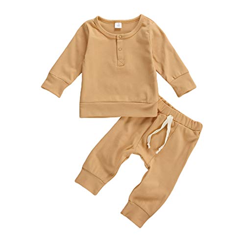 Newborn Infant Baby Boys Girls Clothes 2pcs Solid Color/Print Pajamas Long Sleeve Tops+Pants Baby Boy Winter Outfit (Khakis, 3-6 Months)