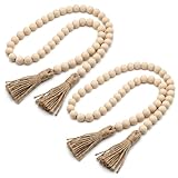 RAINFLOW Wood Bead Garland with Tassels - 2PCS Farmhouse Rustic Country Decorative Beads Home Decor, Natural Color, 50inch 14mm 84 Round,Boho,Farmhouse Beads Wall Hanging Decor