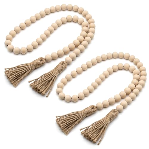 RAINFLOW Wood Bead Garland with Tassels - 2PCS Farmhouse Rustic Country Decorative Beads Home Decor, Natural Color, 50inch 14mm 84 Round,Boho,Farmhouse Beads Wall Hanging Decor