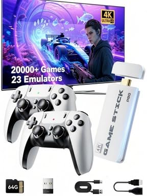 2026 New Retro Gaming Console Stick Pro, Classic Video Games with 4K HDMI, Built-in 23 Emulators, 20000+ Games, Plug & Play TV Video Gaming Stick with Dual 2.4G Wireless Controllers(64GB)