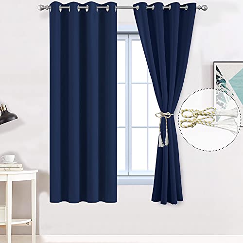 Yakamok Light Blocking Darkening Thermal Insulated Blackout Curtains Solid Grommet Top Window Drapes 2 tie Backs Bedroom， 52x63 Inch Navy Blue 2 Panels