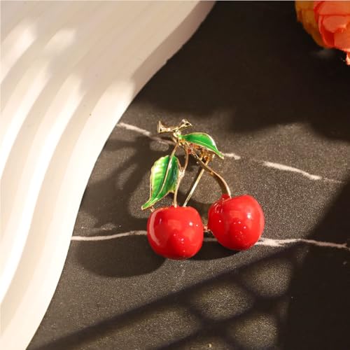 Image of Cherry Brooch Pin 3D Cute Red Cherry Lapel Brooches Pin Dainty Crystal Cherrys Fruit Pins Brooch for Women Men Birthday Jewelry Gift Bag Hat