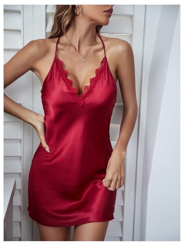 Image of RoseSeek Women's Spaghetti Strap Silk Nightgown Sexy Satin Mini Slip Dress