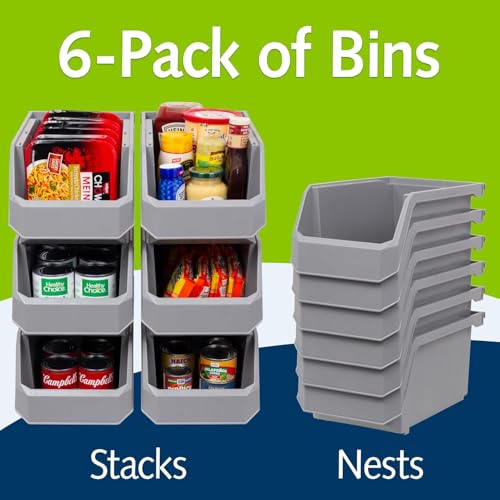 Image of ReadySpace Plastic Containers for Organizing and Storage Bins for Closet, Kitchen, Office, Garage or Pantry Organization, Stackable Bins, Large (14.8 inch x 8 inch x 7 inch), 6-Pack, Grey