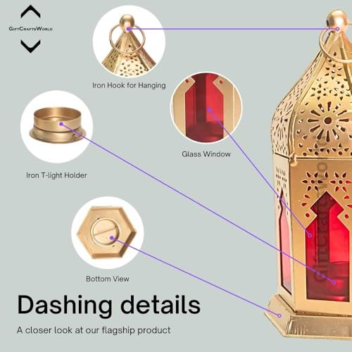 Image of Stainless Steel Moroccan Lanterns & Candle Holders for Home Decor - Unique Diwali & Christmas Gifts (Red, Set of 4)