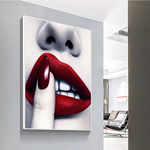 Toile peinture lèvres rouges pour raviver un mur blanc salon moderne 60x80 cm