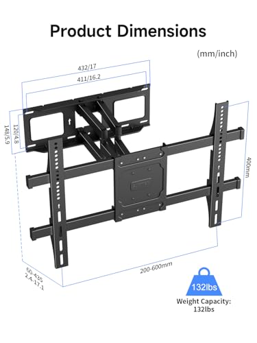 Image of Suptek Full Motion TV Bracket for 32-84 inch TVs | 75 /70 /65 /55 /50 /48 /43 /42 /40 Inch Swivel Wall Mount | Space Saving Tilt Design | Fits Wood Studs & VESA 600x400mm, Max Hold 60kg MA01A