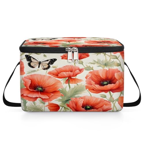 GzLeyigou Red Poppy Lunch Bags for Women Men 9 Cans, Hot & Cold Food Delivery Bag Insulated Grocery Bag Insulated Lunch Box Butterfly Cooler Bag for Office Work Picnic Beach