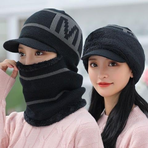 Image of Snow Proof Inside Fur Wool Unisex Monkey Beanie Cap Hat | Breathable Knit Thick Fleece Lined Foldable Use as Skull Woolen Winter Caps Hat Men & Women | Motorcycle Balaclava | Freesize
