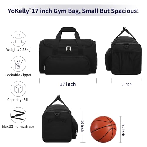 Image of 25L Small Gym Sport Duffle Bag - 17 Inch Weekender Overnight Bag for Travel, Workout, Fitness - Black