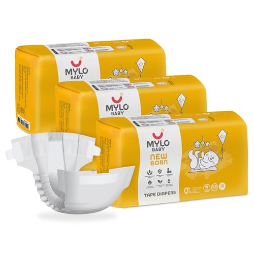 Image of Mylo Baby Tape Diaper Newborn (NB) Size Upto 5 kg Babies (78 Count) Leak Proof | Lightweight | Rash Free | Upto 12 Hours Protection | ADL Technology | with Zinc Oxide Layer