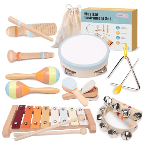 Baby Musical Instruments - Montessori Wooden Baby Musical Toys Toddler Percussion Instruments Xylophone Maracas Tambourine Set, 2 3 4 Year Old Girl Bo...