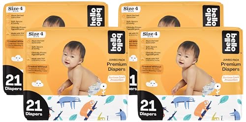 Image of Hello Bello Premium Baby Diapers Size 4 I 21 Count of Disposeable, Extra-Absorbent, Hypoallergenic Baby Diapers with Snug and Comfort Fit I Sleepy Sloth (Pack of 4)