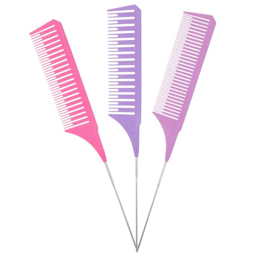 3 Pieces Foiling Comb for Highlighting 3 Piece Colorful Rat Tail Comb Highlight Weaving Combs for Highlighting Metal Long Steel Pin Hair Dye Combs for Hair Stylist Salon Barbershop Home