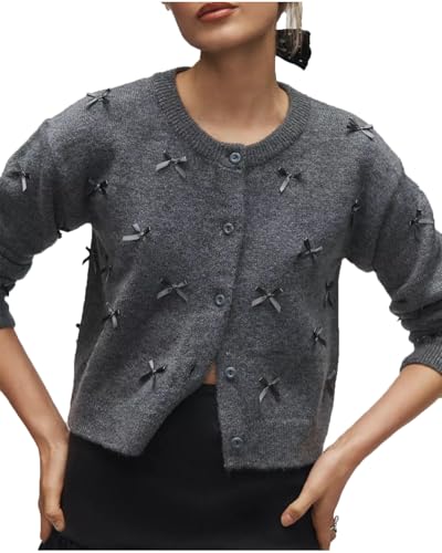 Image of Women's Mini Bow Cardigan Long Sleeve Crewneck Button Down Cropped Knit Sweaters Grey