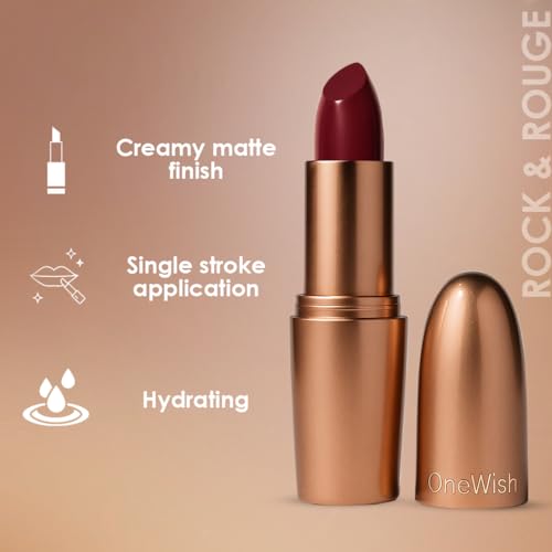 Image of One Wish Creamy Matte Lipstick Long Lasting for Women - Rock N Rouge Shade 14 | Full Coverage | Creamy Formula | No Flaky Lips | No Dryness | High-Pigment | SPF | Vitamin E, Almond Oil & Shea Butter for Moisturising Lip | 8 Hrs Lasting | Smooth Finish | 3.8 gm