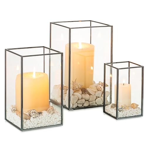 NUPTIO Black Hurricane Lantern Glass: Set of 3 Square Pillar Candle Holder Tempered Glass Outdoor Chimney Indoor for Living Dining Room Mantel Christmas Table Centrepieces Wedding Party Ornament