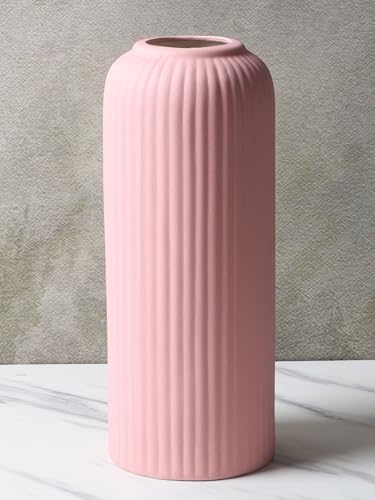 Image of KREATIVE ART'S Modern Ribbed Design Ceramic Flower Vase for Living Room, Flower Pots for Artificial Flower, Home Decoration Item, Home Decor, Vases for Living Room (Pink, Large)