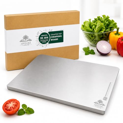 Image of Arteora - Premium 304 Stainless Steel Countertop Chopping Board for Kitchen | Free Rolling Pin | Food Grade Steel |, Odor-Free | Vegetable Cutting Board | Reversible | (Silver, 41x29 cm | XL)