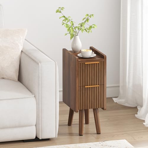 ELYKEN Narrow Side Table, Fluted Nightstand with Drawers, Wooden Small End Table for Small Spaces, Modern Skinny Bedside Table, Slim Nightstand for Living Room, Bedroom, Walnut