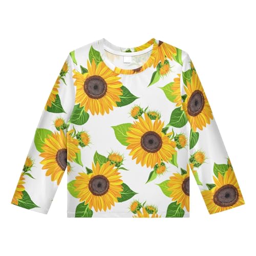 DOMIKING Sunflower Blossom Leaf White Boys Long Sleeve Rashguard Shirt Kids Quick Dry Swim Shirt for Swimming Pool Beach 11-12T