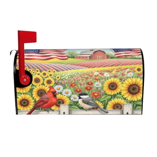 Image of American Flag Farmouse Flowers Field Mailbox Cover Magnetic Rustic Sunflowers and Birds Waterproof Mailbox Wraps Post Letter Box Decor 25.5x21 in