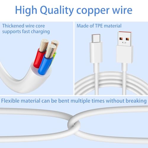 Image of Premium 6A USB-C Turbo Charging Cable - Fast Charge Type-C Cord Compatible with Xiaomi 14, 13 Pro, 12T, 11T, Mi 10, Redmi Note 11 Pro+ 5G, 12, 10, Poco F4, X4 Pro - Heavy Duty Data Sync Wire, White