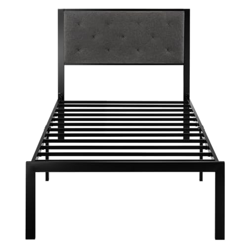 Image of Allewie Twin Bed Frame with Upholstered Headboard, Chic Diamond Stitched Tufted Design, No Box Spring Needed, Dark Grey