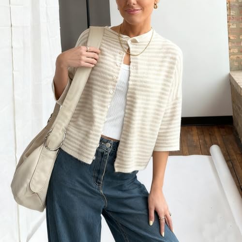 Image of Women Knitted Crop Cardigan Shirt Short Sleeve Button Down Ribbed Knit Crop Top Y2k Girls Outwear Top Tee Shirt