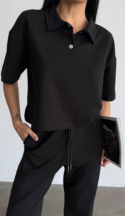 HipGlamp Women's Casual 2 Piece Athleisure Set Short Sleeve Polo Top Jogger Pants Loose Fit for Lounge Travel - Image 7