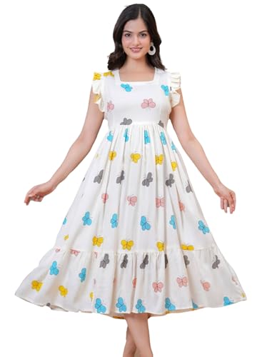 Image of ROYALICA Women's Pure Cotton Floral Printed Maxi Midi Western Dress