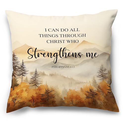 MNASAIOO Fall Christian Mountain Woods Decorative Throw Pillow Covers, Orange Bible Verse I Can Do All The Things Pillows Covers, Autumn Watercolor Pillow Decor for Prayer Room Couch Bedroom 18x18in