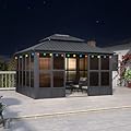 PURPLE LEAF 12' X 14' Sunroom Hardtop Gazebo Solarium with Light Galvanized Steel Double Roof All-Weather Aluminum Outdoor Screen House for Patio Deck Backyard Grey