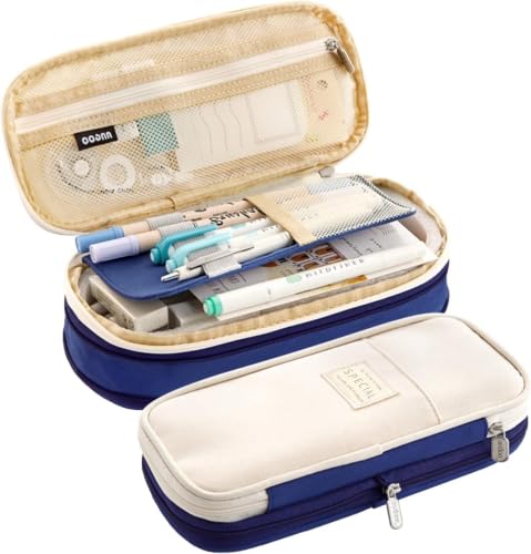 Image of WORSHIPER Big Capacity Pencil Pen Case Bag with Zipper Office College School Storage Large Capacity Bag Pouch Holder Box Organizer Colorful (Special - Creem+Blue Color)