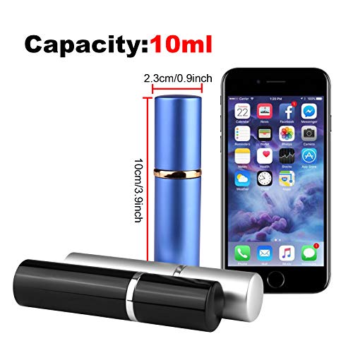 Image of Refillable Travel Perfume Atomiser Bottles, 3 Pcs 10ml Mini Portable Spray Bottles Refillable Perfume Aftershave Atomiser Empty Travel Bottles with Funnel (10ml (Black+Silver+Blue))