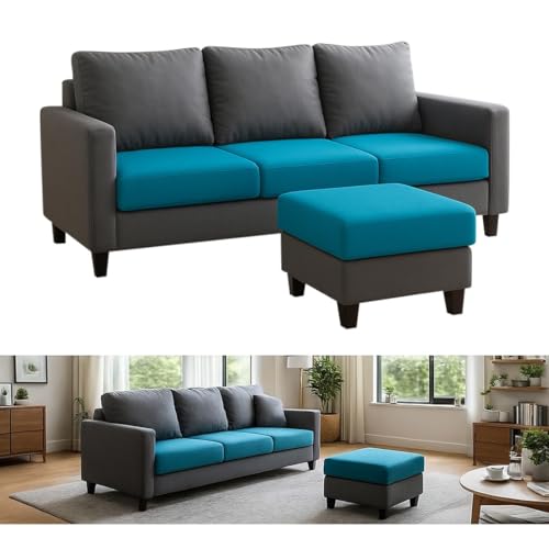 Image of FURNY Arnold 4 Seater L Shape Sofa Set with Movable Ottoman | Flexible Left or Right Layout | Plush Velvet Fabric (Dark Grey-Aqua Blue) | Perfect for Living Room, Guest Room & Office